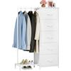 Somdot Cassettiera per Camera da Letto in Tessuto con Asta Portabiti 3 in 1, Mobiletto Salvaspazio con Ripiano per Scarpe, 30P x 79l x 114,5H (5 Cassetti), Bianco