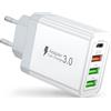Cewpuno Caricatore USB C,40W 4 Porto Presa Alimentatore USB C QC3.0 Caricatore Rapido,Caricabatterie iPhone Spina Adattatore per iPhone 16 15 14,iPad,Samsung S22 S23 S24,Cuffie,Console di Gioco