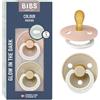 BIBS Colour GLOW Ciuccio, 0-6 mesi, confezione da 2, Blush/Vanilla | Tettarella simmetrica | Lattice di gomma naturale | Taglia 1 | Senza BPA | Prodotto in Danimarca | Anello fosforescente