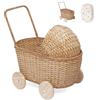 GON Designs GON Stroller - Passeggino per bambole 3 in 1 in rattan, carrello della spesa e carrello per bambini | Passeggino intrecciato a mano in materiali naturali con cuscino e materasso, carrello per bambole