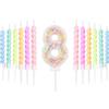 mciskin Set di candele bianche per 8° compleanno, decorazioni per l'8° compleanno di ragazze e ragazzi, candela numero 8 per torta, 12 candele a spirale pastello arcobaleno per decorazioni per feste per