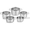 Fissler Pure Collection - Set di pentole in acciaio inox, 5 pezzi, pentole con coperchi in vetro (3 pentole, 1 padella, 1 casseruola), compatibile induzione