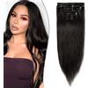 SEGO Extension Clip Capelli Veri Set da 8 Ciocche Tessitura Full Head con Clips Invisibili 100% Remy Human Hair Umani Lisci 20cm 45g # Nero Naturale
