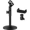 Getaria Supporto per microfono da scrivania Supporto per microfono da tavolo multifunzionale regolabile con clip per microfono,Clip per telefono cellulare,Adattatore in metallo (Base rotonda)