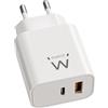 Ewent Caricatore USB C, Caricabatterie Rapido GaN Fast 20W, 2 porte USBC PD + USB-A QC3.0, Alimentatore USB Multipla Ricarica Veloce per iPhone/iPad/Tablet/Smartphone, Design Compatto, Bianco