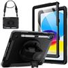 JETech Custodia per iPad (A16) 11a/10a Generazione (2025/2022) con Integrato Pellicola Prottetiva, Cover per Antiurto, Tracolla Supporto Rotante 360 Gradi (Nero)