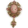 Avalaya Spilla vintage con cammeo in cristallo acrilico rosa in tonalità oro invecchiato, 70 mm di lunghezza, Misura unica, Plastica, Diamante