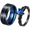 Wycian Anello di fidanzamento con pietra a forma di cuore, in titanio, bicolore, zirconi, zaffiro, blu, nero, 2 pezzi, 6 mm/8 anelli in acciaio inox, nero, Damen 57 (18.1)+Herren 62 (19.7), Titanio