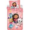 Jerry Fabrics Dreamworks Gabby's Dollhouse biancheria da letto per bambini MerCat, CatRat, Pandy Paws, Baby Box, Cakey, Kitty Fairy, Pillow Cat, DJ CatNip piumone 140 x 200 cm + cuscino 70 x 90 cm 100% cotone
