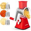 NutriChef Mandolina per Verdure 3 in 1 e Grattugia Formaggio per Cucina, Affetta Verdure con 3 Lame Intercambiabili, Base a Ventosa e Manovella con Blocco Sicurezza, Accessori Cucina, Rosso