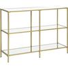 VASAGLE Consolle Ingresso, Tavolo Consolle, Scaffale a 3 Ripiani in Vetro Temperato, 30 x 100 x 73 cm, Struttura Metallo, Corridoio Soggiorno Camera da Letto, Oro Metallico e Trasparente LGT27G