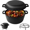 joeji's Kitchen Joejis Dutch Oven - Pentola in ghisa pre-stagionata da 4,7 l, con coperchio multiuso da 1,75 l, adatta per forno e tutti i tipi di piano cottura, pentola in ghisa olandese 2 in 1 per fare il pane