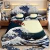 Homemissing Set copriletto trapuntato in stile giapponese Hokusai giapponese, motivo a onde blu, per bambini, montagna Fuji, 3 pezzi, per letto king size