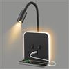 Strixorn Lampada da parete a LED, 3W + 9W lampada da lettura montaggio a parete comodino con vassoio e porta di ricarica USB e interruttore, 350° girevole lampada da letto camera da letto lampada da lettura