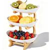 Zencantorous Cestino per Frutta in Plastica a 3 Livelli Piano, Portafrutta a Ripiani con Supporto in Bambù, Cesto di Frutta, Stabile e Senza Scuotere, per Frutta, Torte, Snack e Dolci, Bianco