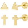 FACOKO Orecchini a fondo piatto da donna, orecchini a triangolo e croce in titanio a fondo piatto da 5 mm, oro 14 carati, orecchino geometrici ipoallergenici, unisex