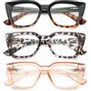 Kodilin 3 Pack Occhiali da lettura donna Oversized Square Anti Luce Blue Computer Lettori Uomo con cerniera a molla (+2.5, nero leo champagne)
