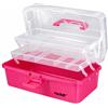 HMF Cassetta da cucito apribile a 3 livelli, scatola portaoggetti per piccoli accessori | 33 x 20 x 15 cm | Rosa