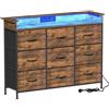 VEDECASA Cassettiera con 9 cassetti e illuminazione a LED, 2 porte USB e 2 prese AC, credenza con pannello in legno e cassetti in tessuto, struttura in metallo per camera da letto (marrone, 9 cassetti