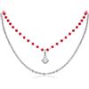 Generico Collana Donna a Doppio Filo con Perline Rosse e Punto Luce Brillante - Collana Elegante Argento 35+5cm Regolabile - Impermeabile - Idea Regalo Donna
