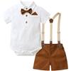 HEOXIN Completo Gentiluomo Neonati, Camicia a Maniche Corte con Papillon + Bretelle e Ghettine, Tutina Neonati Maschi Bambino Completo Estivo Autunno Ragazzo, Marrone 9-12 Mesi