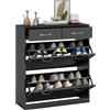 EasyComfort Mobile Scarpiera da 12 Paia con 2 Ripiani Interni Regolabili e 2 Cassetti, in Legno, 80x30x91.5 cm, Nero