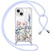 Xylota Cover per iPhone 14/iPhone 13 6,1'' con Cordino, Aesthetic Fiori Motivo Disegni Trasparente Custodia con Regolabile Tracolla Laccio Collana Case, Silicone Protettiva Custodie per iPhone 13, Blu