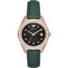 Emporio Armani Orologio da donna, movimento a tre lancette con data, cassa in acciaio inossidabile riciclato (almeno 50%) da 36 mm con cinturino in pelle, AR11506, Tono Oro Rosa e Glitter Verde, 36 mm