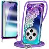 WQRTYJK Cover per Xiaomi Redmi 14C con Cordino Glitter, Blu/Viola | Pellicola Protettiva Vetro, Regolabile e Rimovibile, Brillantini Liquido, Custodia, Protezione Trasparente, Antiurto Case