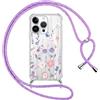 Xylota Cover per iPhone 13 Pro 6,1'' con Cordino, Aesthetic Fiori Motivo Disegni Trasparente Custodia con Regolabile Tracolla Laccio Collana Case, Silicone Protettiva Custodie per iPhone 13 Pro, Viola