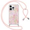 Xylota Cover per iPhone 13 Pro 6,1'' con Cordino, Aesthetic Fiori Motivo Disegni Trasparente Custodia con Regolabile Tracolla Laccio Collana Case, Silicone Protettiva Custodie per iPhone 13 Pro, Rosa