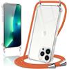 Coiwxmoi Cover per iPhone 13 Pro Max con Cordino 6,7,Trasparente Custodia con Laccio Tracolla Corda Catena Cinghia,Ultra Morbido Silicone TPU Antiurto Case per iPhone 13 Pro Max, Arancione