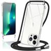 Coiwxmoi Cover per iPhone 13 Pro Max con Cordino 6,7,Trasparente Custodia con Laccio Tracolla Corda Catena Cinghia,Ultra Morbido Silicone TPU Antiurto Case per iPhone 13 Pro Max, Nero