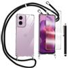 TTSWJBD Cover per Moto E14 4G/Moto G04 /Moto G04s /Moto G24 e Vetro Temperato Custodia con Cordino Silicone Trasparente Morbida Cover Cellulare Girocollo Collana Necklace Protettiva Bumper Antiurto TPU Case