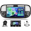 Hikity 4+64G Autoradio Android per Fiat 500 2007-2015 7''IPS Schermo per Auto Wireless Carplay Android Auto WiFi Touchscreen Bluetooth5.0 GPS SWC Retrocamera