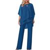 Generic Plus Size Madre Della Sposa Abiti Due Pezzi Chiffon Camicia E Pantaloni A Vita Alta Tuta 2 Pezzi Festival Outfit Elegante Retrò Fluente Cena Abiti Cocktail Matrimonio Ospite Pantaloni Abiti, Blu, XL