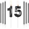 mciskin Set di Candele per 15° Compleanno Obsidian, Candela Numero 15 con Candele Lunghe e Sottili per Torta, Decorazioni per 15° Compleanno per Ragazzi e Ragazze, Candela Nera Obsidian Cake Topper