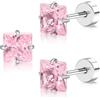 FACOKO Orecchini a bottone in titanio con fondo piatto, a forma di cuore/stella/quadrato con zirconi cubici per donna, orecchini a bottone minimalisti ipoallergenici (Quadrato rosa, 5MM)