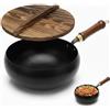 SZKKQKJ Padella in ferro con coperchio in legno, pentola in ferro giapponese, padella in ferro forgiato, non rivestita, padella in ferro forgiato a mano, padella testarda, 28 cm, per fornelli a