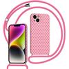 Kueqeay Custodia con Cordino per iPhone 15 6,1 Silicone Bumper Cover Ragazze Motivo Polka Dots Cute Design Rosa rossa con Laccio Collana Antiurto Protettivo Case Regolabile Cellulare Girocollo, 05