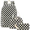 LOIDOU Zaino per adolescenti e ragazze, zaino per bambini, zaino per la scuola, con borsa al pranzo, astuccio per la scuola, Set di griglia in bianco e nero, L, casual
