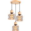 iDEGU 3 Luci Lampadario a Sospensione Vintage in Metallo e Legno E27 Lampada a Sospensione Industriale Design Gabbia Corda di Canapa Retrò Lampadario Soffitto per Soggiorno Cucina Cameretta (Rotondo)