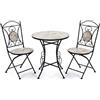 DRW Set di tavolo e 2 sedie da giardino in metallo e pietra in nero, grigio e bianco 72 x 60 x 60 cm