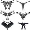 QIUJUNDE 6 pcs Vita Bassa di stringhe Ouvert Ladies con perle modello floreale foro Set nere donna pizzo sexy perizoma biancheria intima con perizoma cavallo aperto perizoma V-G-String sexy perizoma mutandine