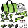 Greenworks 24V 6pcs combo (Trapano, Avvitatore a percussione, Sega circolare, Sega alternativa, Utensile multifunzione, Torcia), batterie USB-C da 4,0 Ah e 2,0 Ah, 2 cavi, caricatore rapido 65 W CK361