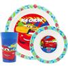 Disney Cars - Servizio da tavola per bambini, 3 pezzi, in polipropilene, con piatto, ciotola e bicchiere, Saetta McQueen e Dinoco, adatto al microonde e alla lavastoviglie, adatto per bambini dai 36