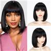 FASHION IDOL Bob parrucca di capelli veri con frangia per donne nere capelli corti lisci 30 cm nero naturale senza colla parrucche bob corte prodotte a macchina