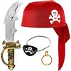 BALINCO Set da Pirata 4 Pezzi per Bambini Composto da Cappello da Pirata Rosso + sciabola + Benda sull'occhio + orecchino d'oro - Set di Costumi per Carnevale