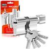 GERCAR - Cilindro profilato per porta, serratura a cilindro, 45/45, con pomello, incluse 5 chiavi, singolo, lunghezza: 90 mm, A:45 B:45, set da 1 pezzo