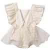 HEOXIN Body a Pois Senza Maniche per Neonata, Vestito Tutù Neonato in Pizzo Ricamato con Nodo a Fiocco Decorativo, Tutina in Tulle a Rete Senza Schienale per 9-12 Mesi, Beige
